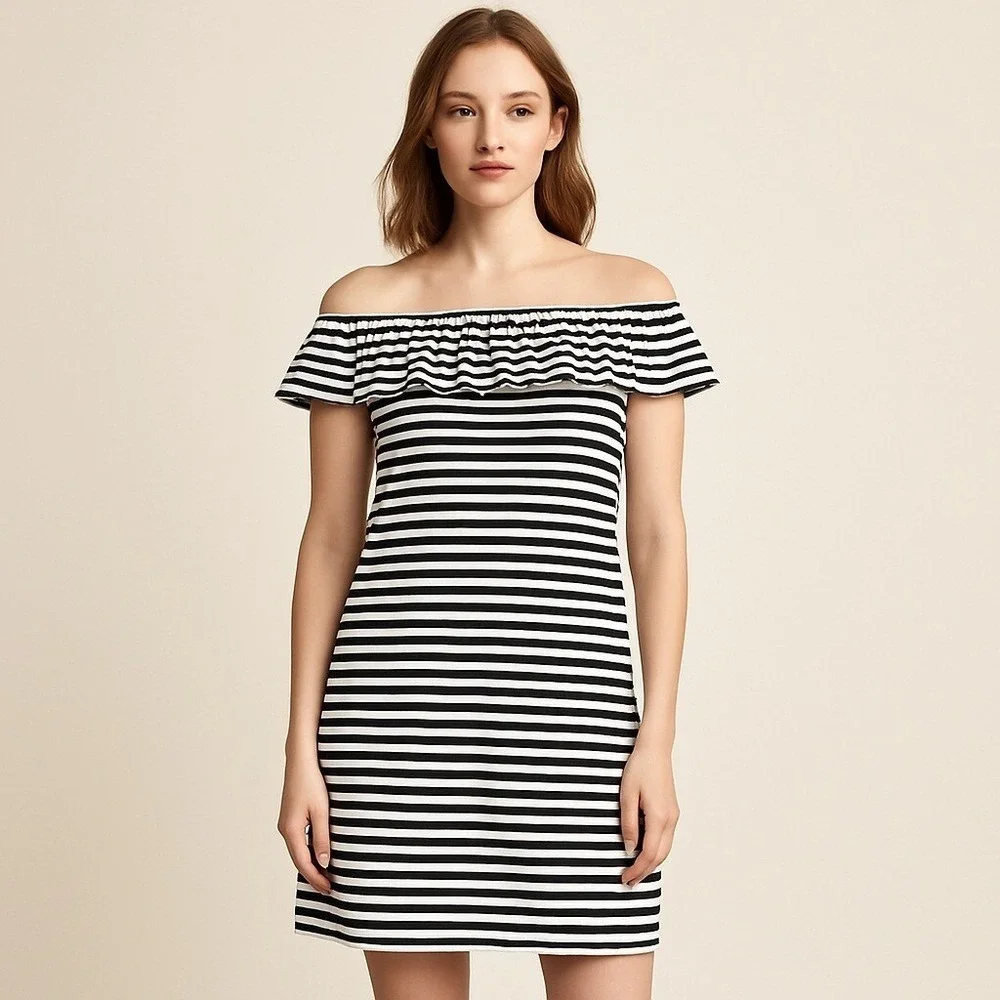Kate Spade Stripe Off‎ the Shoulder Dress Women L Black White Ruffle Cotton H317